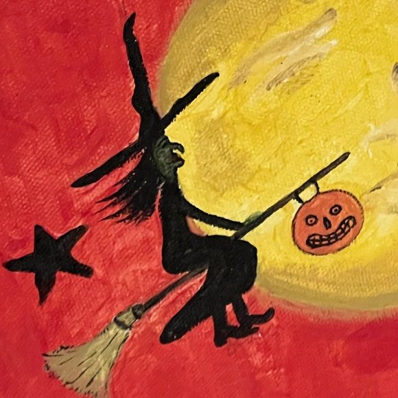 Halloween Witch Moon Folk Art Original Signed 2004 Painting Artist signed - Picture 2 of 13